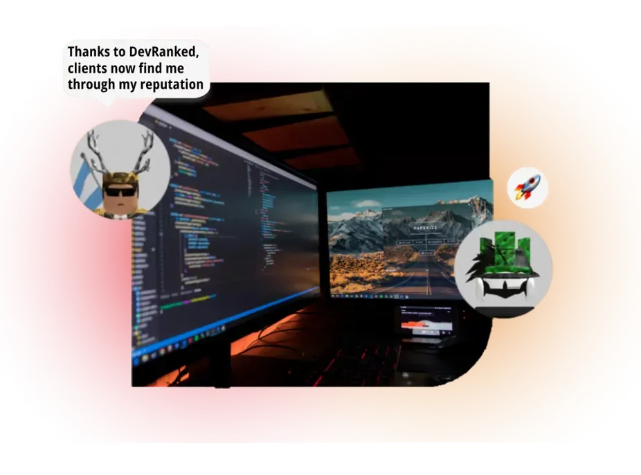 Roblox developer working at a dual-monitor workstation